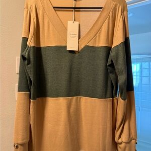 Beige and Green V-Neck Top
